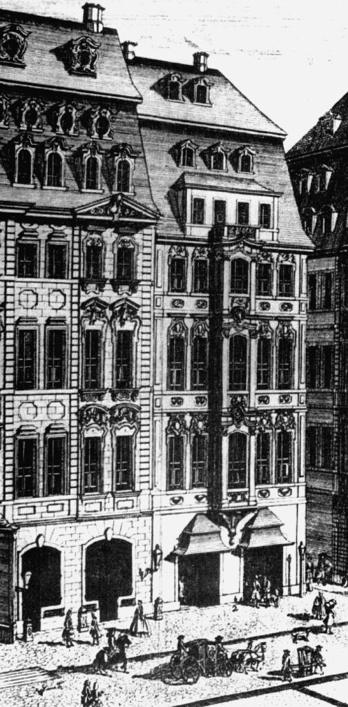 Oertels Haus mit dem Zimmermannschen Kaffeehaus, aus einem Kupferstich von Johann George Schreiber (1720) / Public Domain