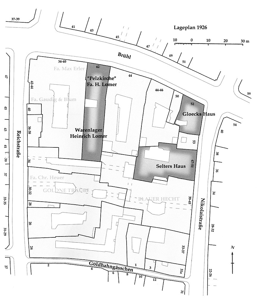 Lageplan mit Gloecks Haus, 1926 / <a href="https://commons.wikimedia.org/wiki/File:Abb._03,_Leipzig,_Warenlager_der_Fa._Lomer,_Pelzkontorh%C3%A4user_Gloecks_Haus,_Selters_Haus.jpg">Jens Schubert, Die Pelzgewerbehäuser in der Leipziger Innenstadt, Mag.-Arbeit, Leipzig 2003</a>, <a href="https://creativecommons.org/licenses/by/3.0">CC BY 3.0</a>, via Wikimedia Commons