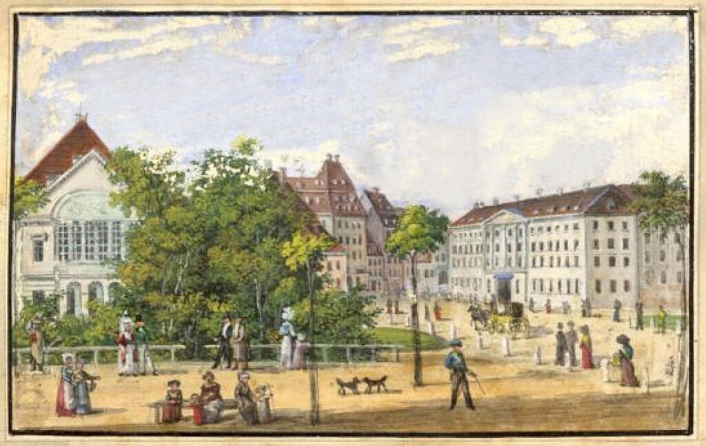 Theaterplatz um 1840, rechts der Große Blumenberg / Public Domain